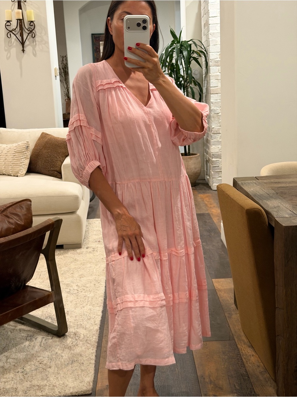 Sea New York Pale Pink Tiered V-Neck Midi Dress